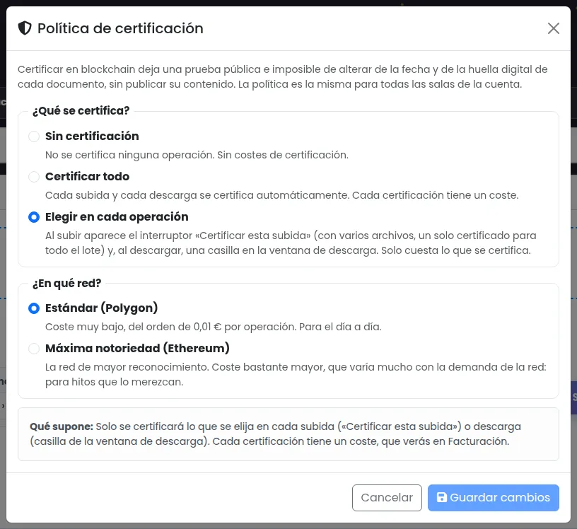 Fenêtre Politique de certification de DataRoomConnect : aucune certification, tout certifier ou choisir à chaque opération, et les réseaux Polygon et Ethereum