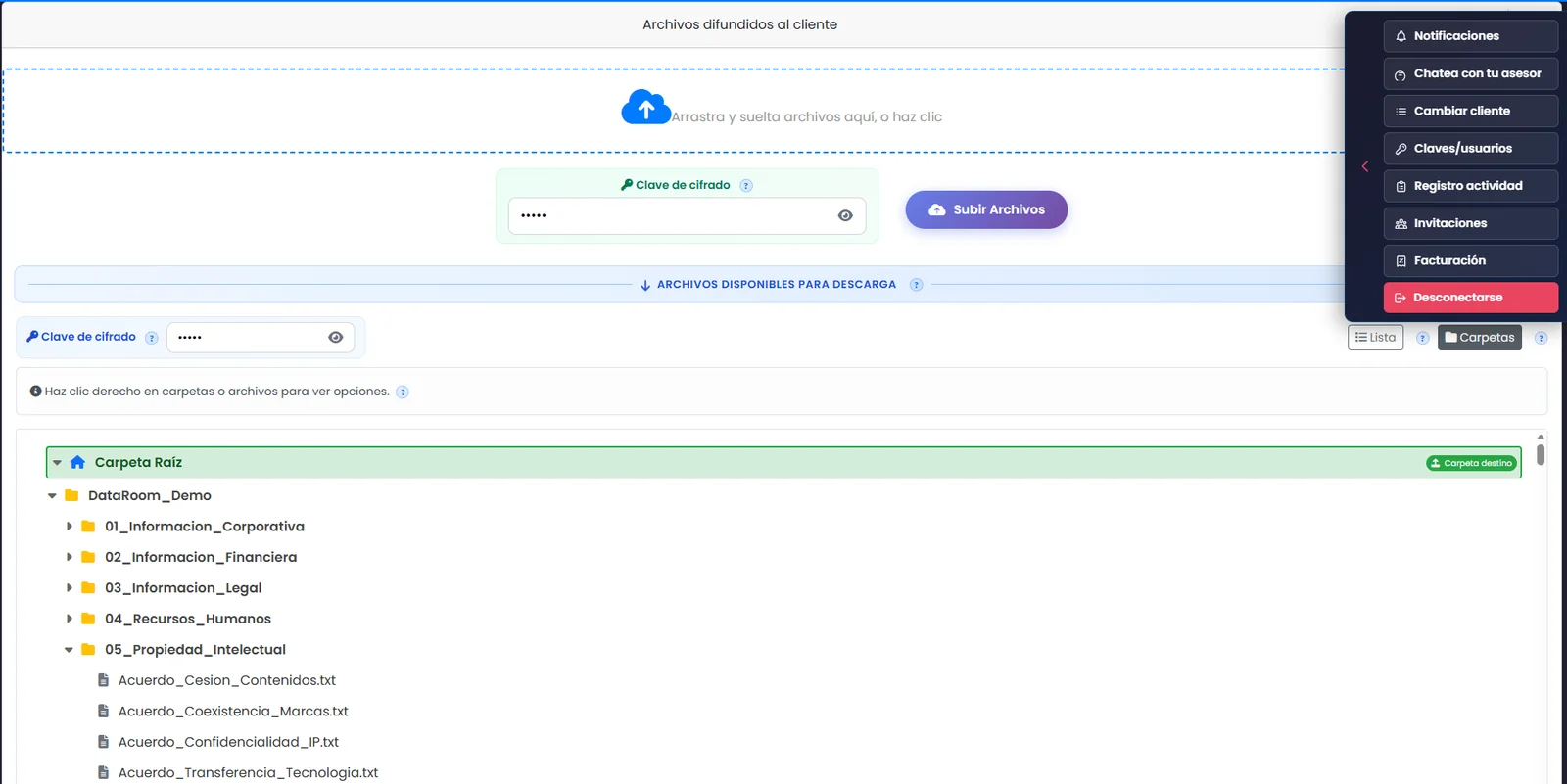 Explorador de arquivos do DataRoomConnect: árvore de pastas de uma sala, área de upload por arrastar e soltar, chave de criptografia e menu da sala